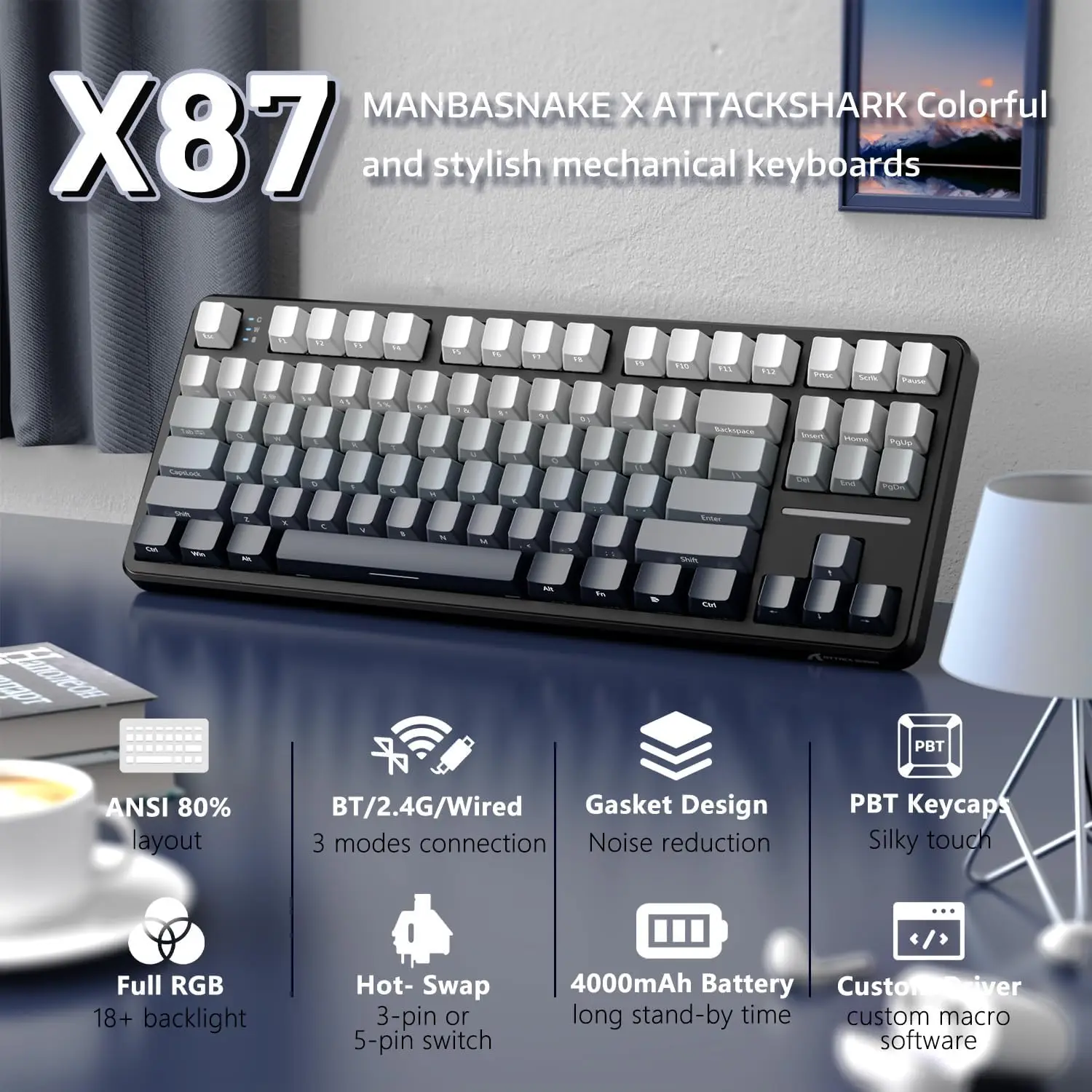 Attack Shark X87 Wireless Mechanical Keyboard,Hot Swappable Gasket Custom Gaming Keyboard RGB Backlit Gaming Keyboard 4000mAh