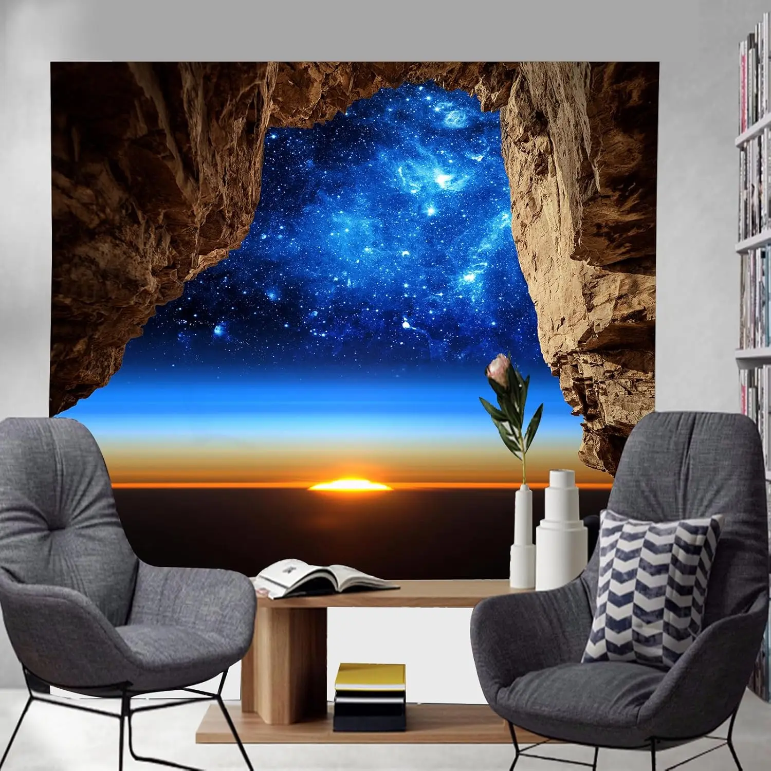 Cave Ocean Sunrise Scenery Starry Tapestry Rustic Wall Art Landscape Magic Sky Blue Fantasy Galaxy Nature Wild Wall Hanging