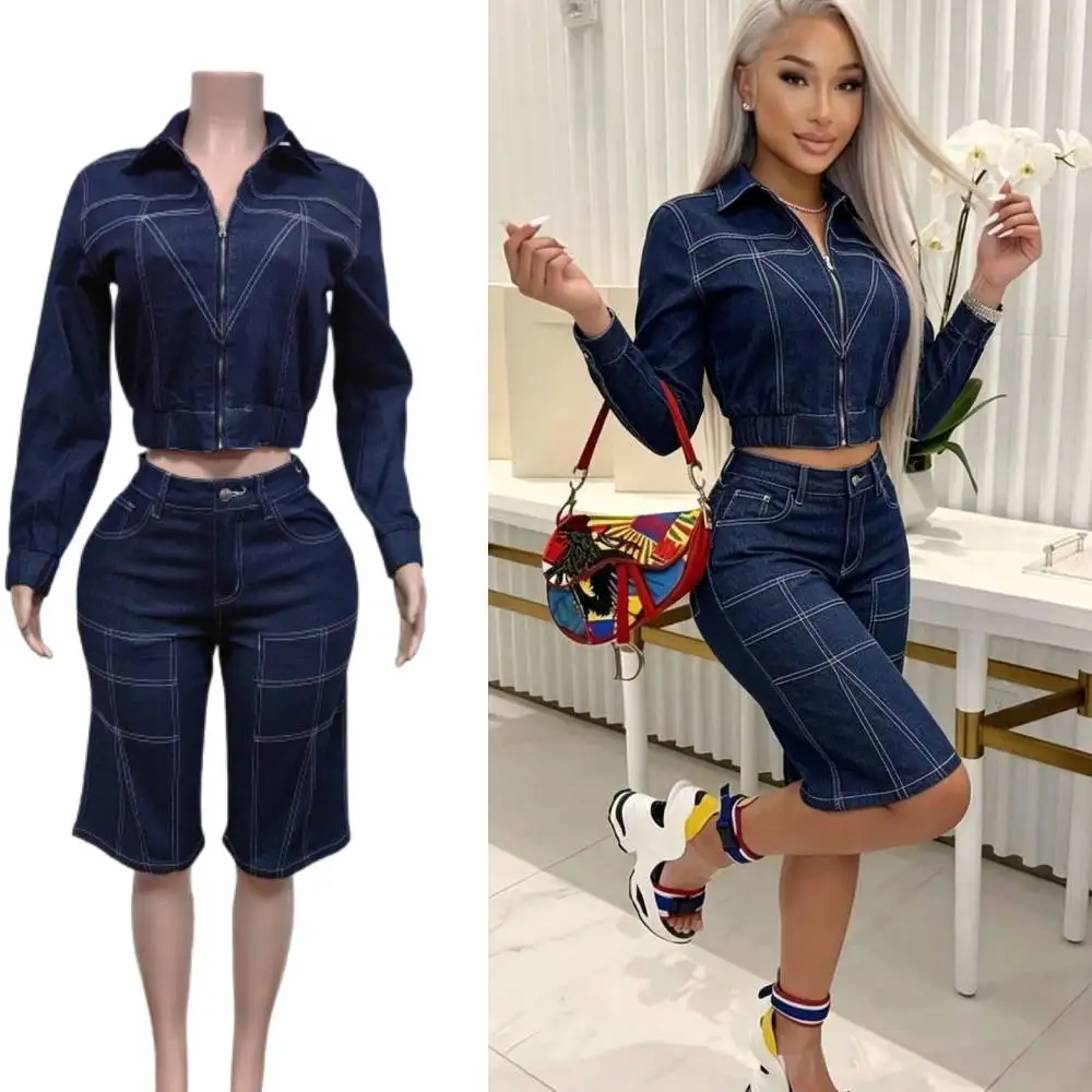 Retro Dark Wash Denim Shorts Two Piece Sets Fashion Patchwork Zip Crop Jean Jacket + Wide Leg Shorts Outfits Streetwear