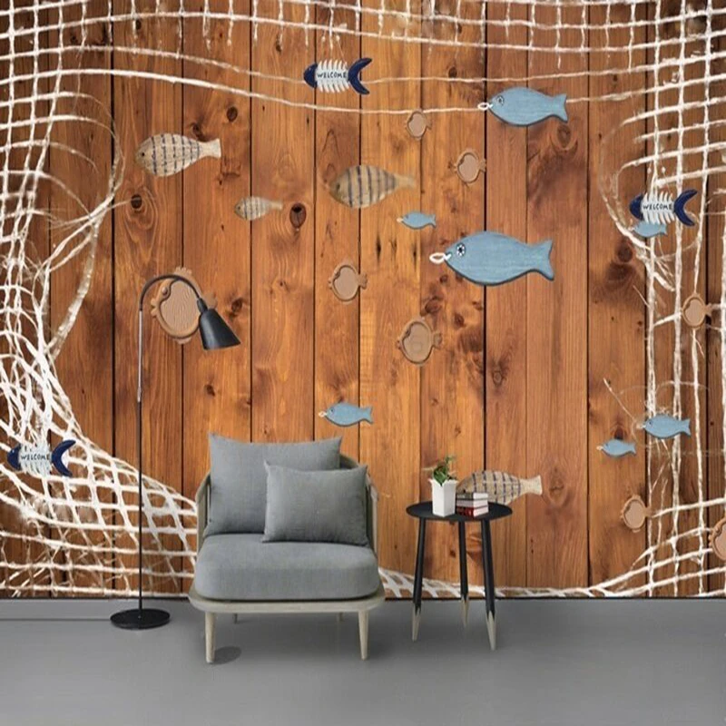 Mediterranean Style Wooden Background With Fishnet And Small Fish Custom-Made Poster For TV Luxurious Home Decoration Mural