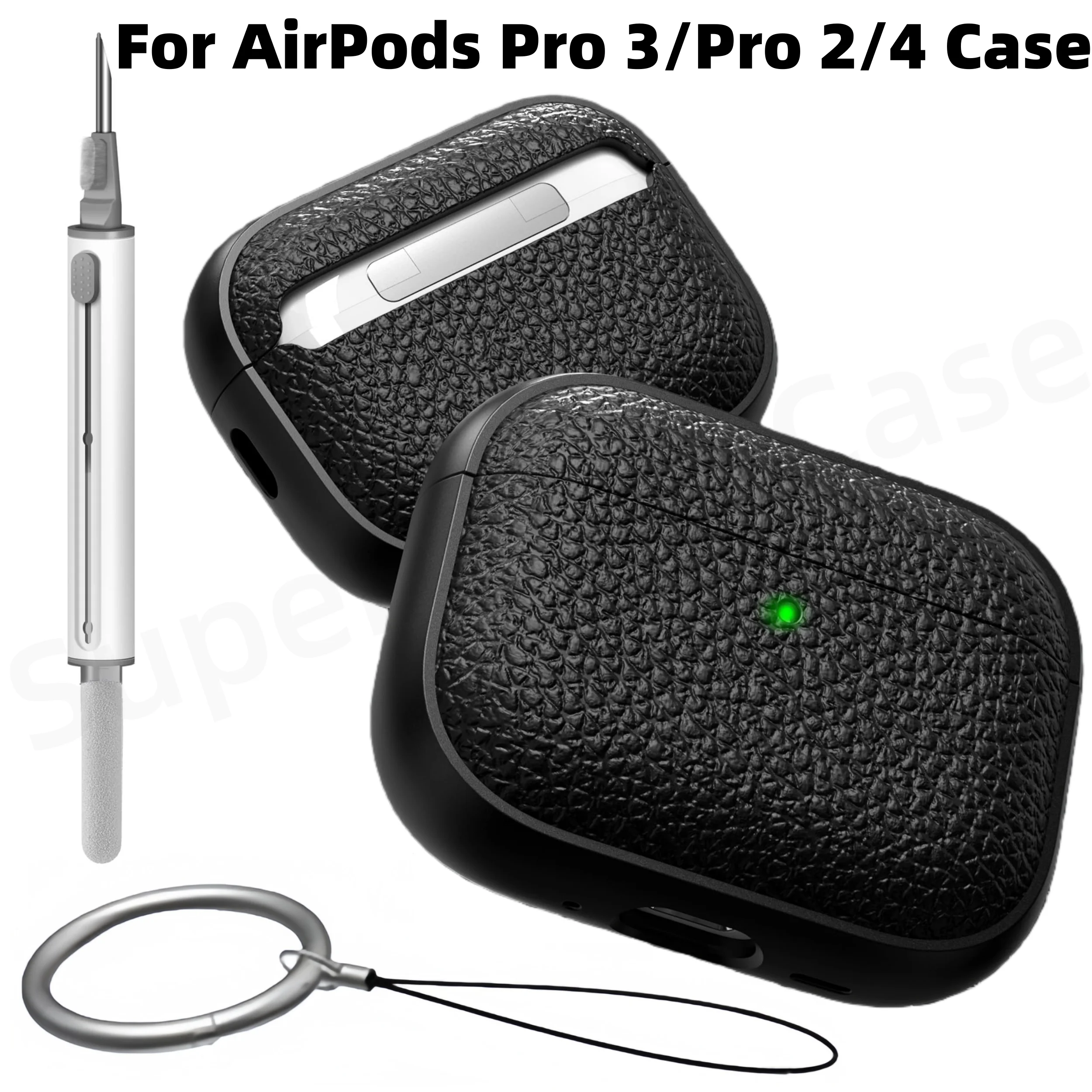 2025 لـ AirPods Pro 3/Pro 2/4 حافظة حماية ناعمة من مادة TPU (تصميم تشبه الجلد) مع سلسلة مفاتيح ومجموعة منظف لأجهزة AirPods Pro 3/4