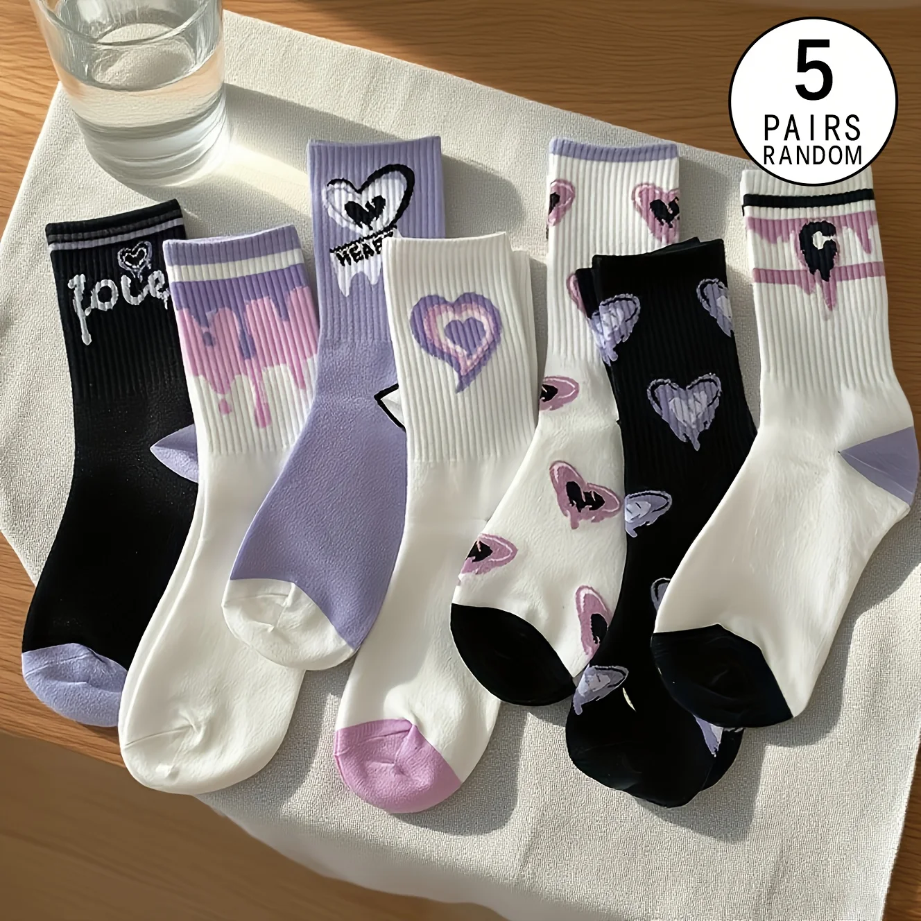 

5 Pairs Of Four Seasons Women's Color Blocked Fashion Sweet Purple Series Love Versatile Comfortable Long Tube Letter Socks