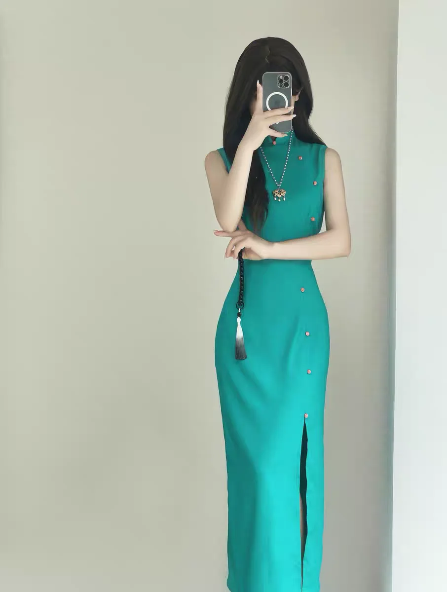 

JL оригинальное утягивающее длинное вечернее платье Blue een Svel Qipao Dr Pure Color, дышащее повседневное платье с низким разрезом