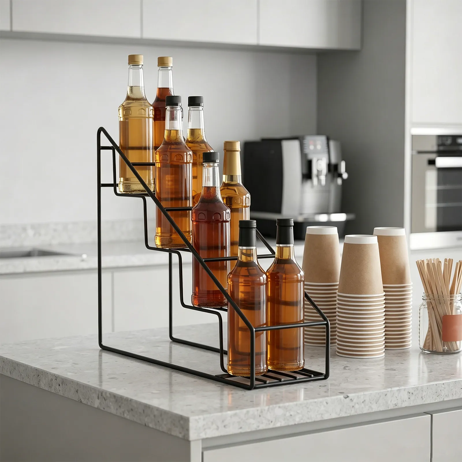 4 Tier Syrup Bottle Holder Rack Stainless Steel Vertical Organizer Stand Coffee Bar Storage Display for Kitchen Cafe