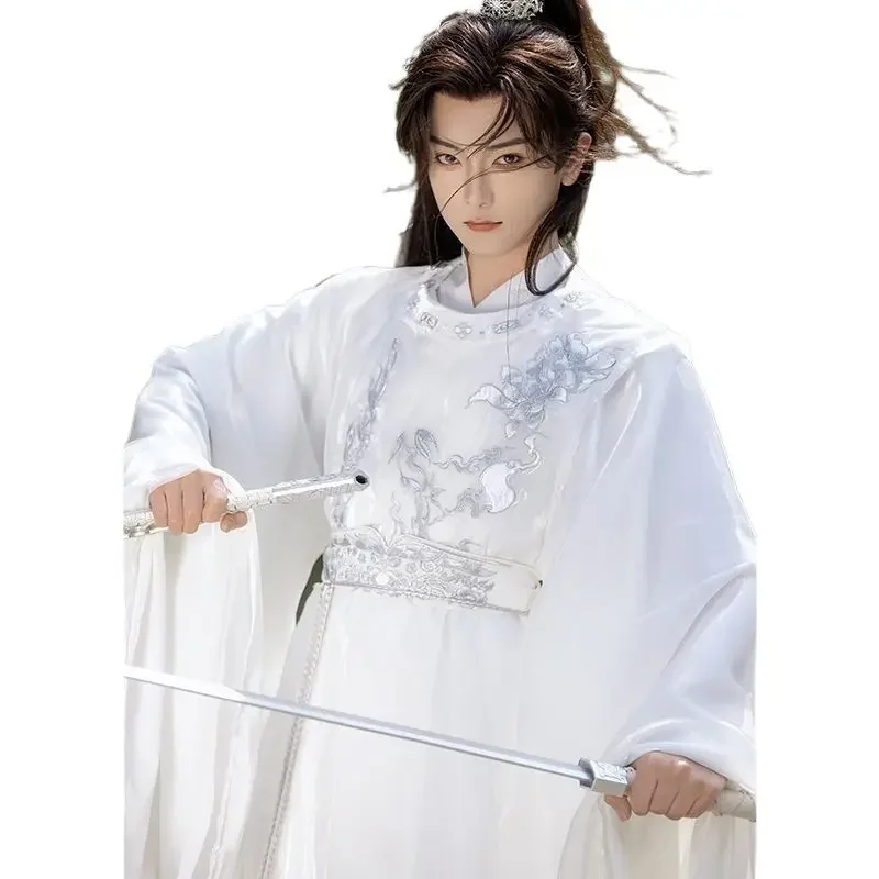 Hanfu الكبار الأبيض الرجال والمرأة الربيع والصيف المطرزة الطراز القديم أثيرية ومجموعة أنيقة على غرار تانغ رداء برقبة مستديرة