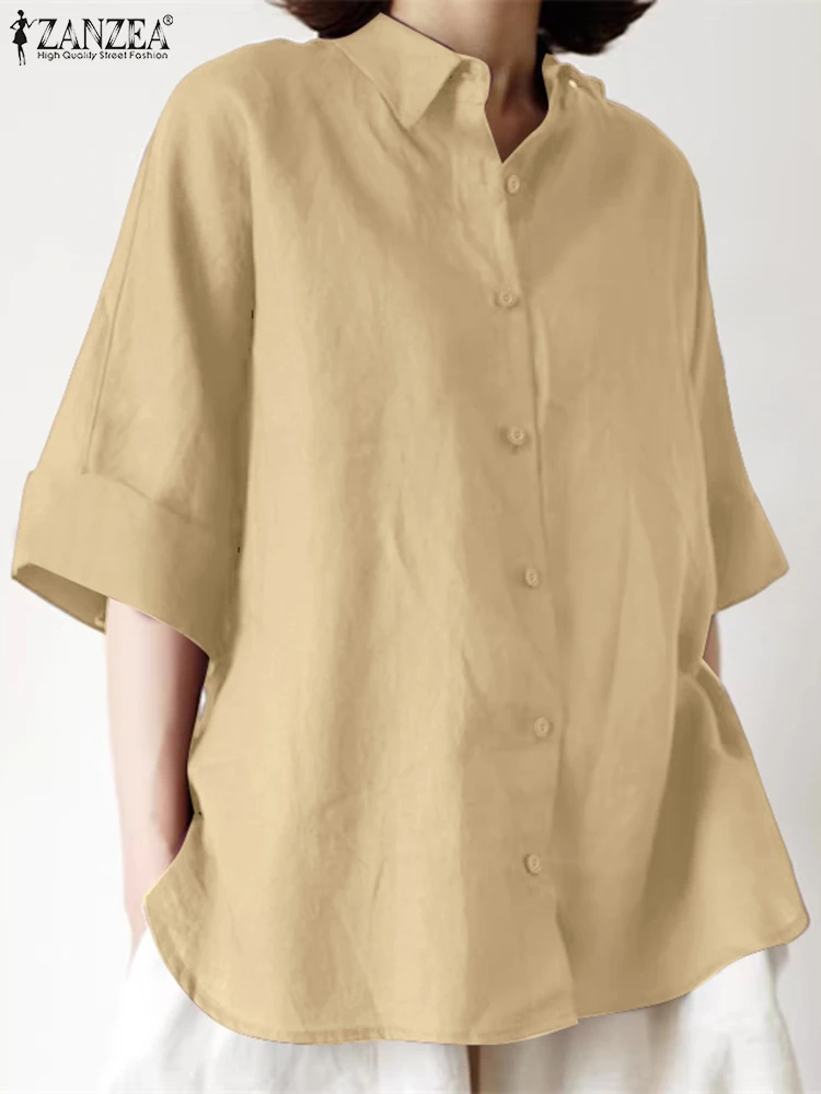 Stylowe damskie koszule ZANZEA Jesień Lato Bluzki 2025 Vintage Kołnierzyk z klapami Rękaw 3/4 Koszula do pracy Jednolite cienkie topy Oversize Chemise