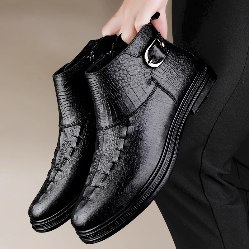 

Зимние деловые кожаные ботинки, плюшевые теплые мужские ботинки «Челси», официальная кожаная обувь с высоким берцем, модные ботильоны высокого качества в британском стиле