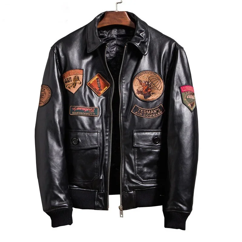 

가죽자켓 남자 Men's Aviator Bomber Leather Jacket Men куртка кожаная мужская Embroidered Sheepskin Leather Coat Man chaquetas hombre