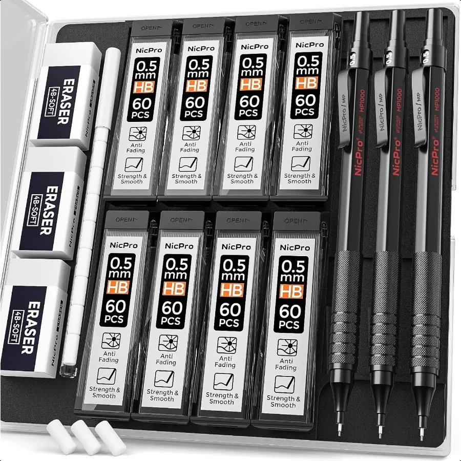 Ensemble de crayons mécaniques de 0.5mm avec étui, crayon d'artiste étal avec 480 recharges de plomb HB, 3 gommes, 9 recharges de gomme pour architecte