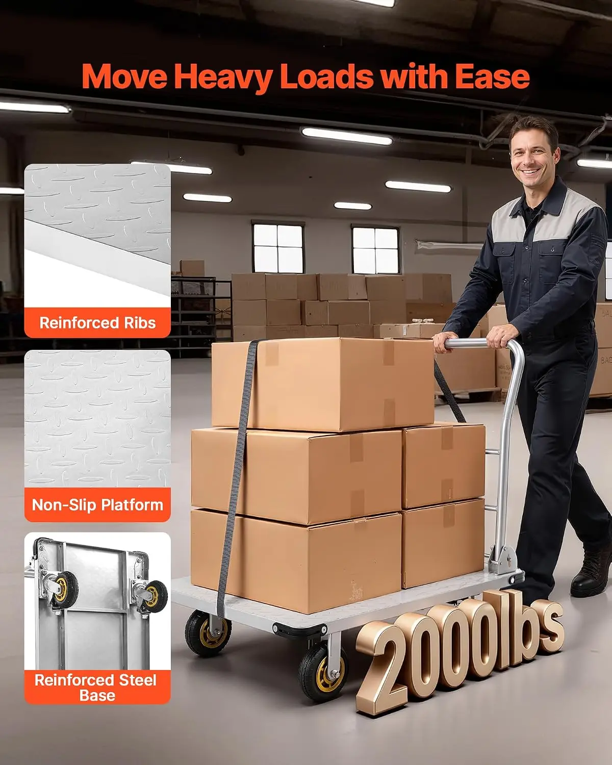 Heavy Duty Platform Truck, 2000 LBS Steel Large Flatbed Cart with 360° Swivel Wheels & Brakes, Foldable Platform Hand Push Truck
