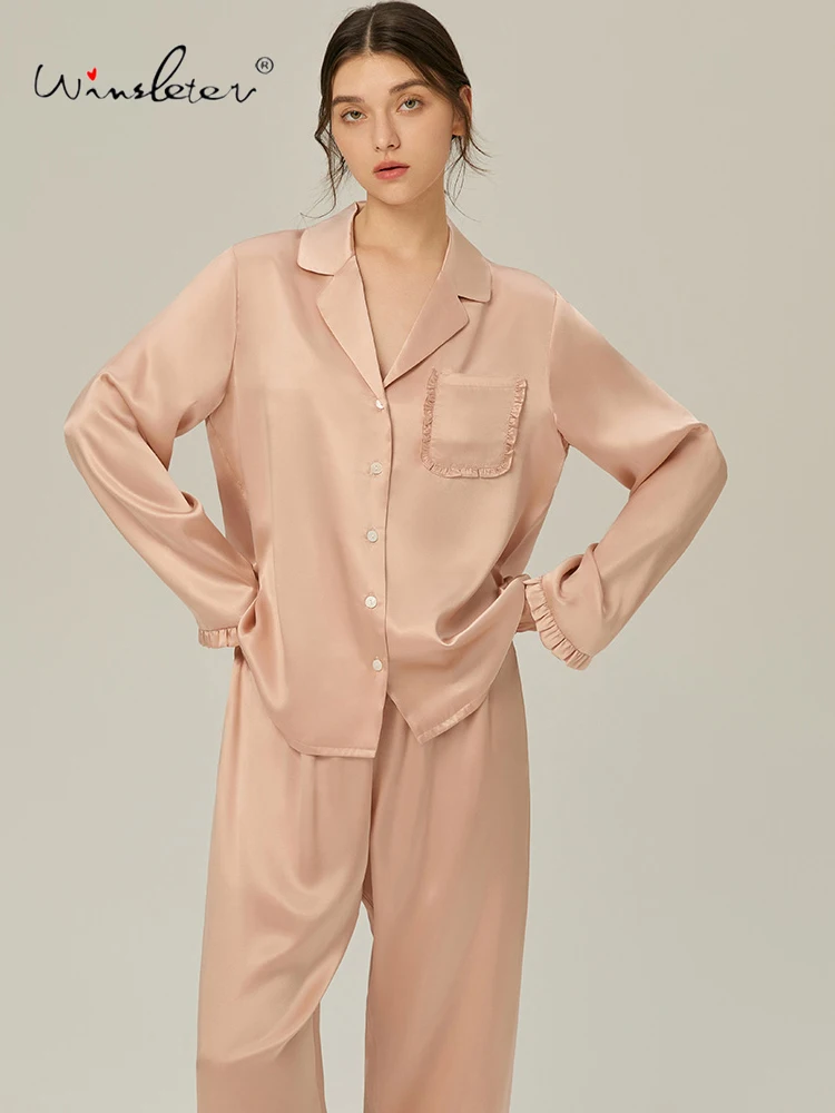 Winsleter-6A 19MM 100%Mulberry Silk Elegant Women Pajama Set, Long Sleeve Solid, French Leisure Homewear, 2025 Spring S51122CC