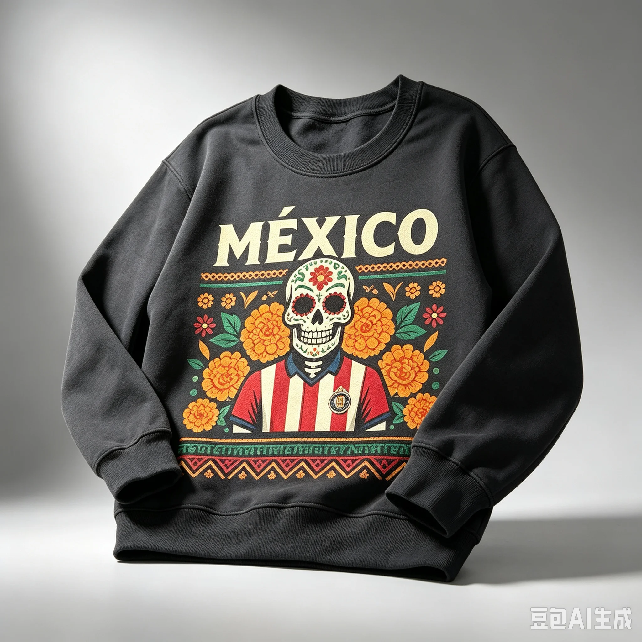 MEXICAN DAY OF THE DEAD SKULL AND MARIGOLD PRINT CREW NECK SWEATSHIRT FOR MEN LOOSE FIT CASUAL LONG SLEEVE TOP  KIDS