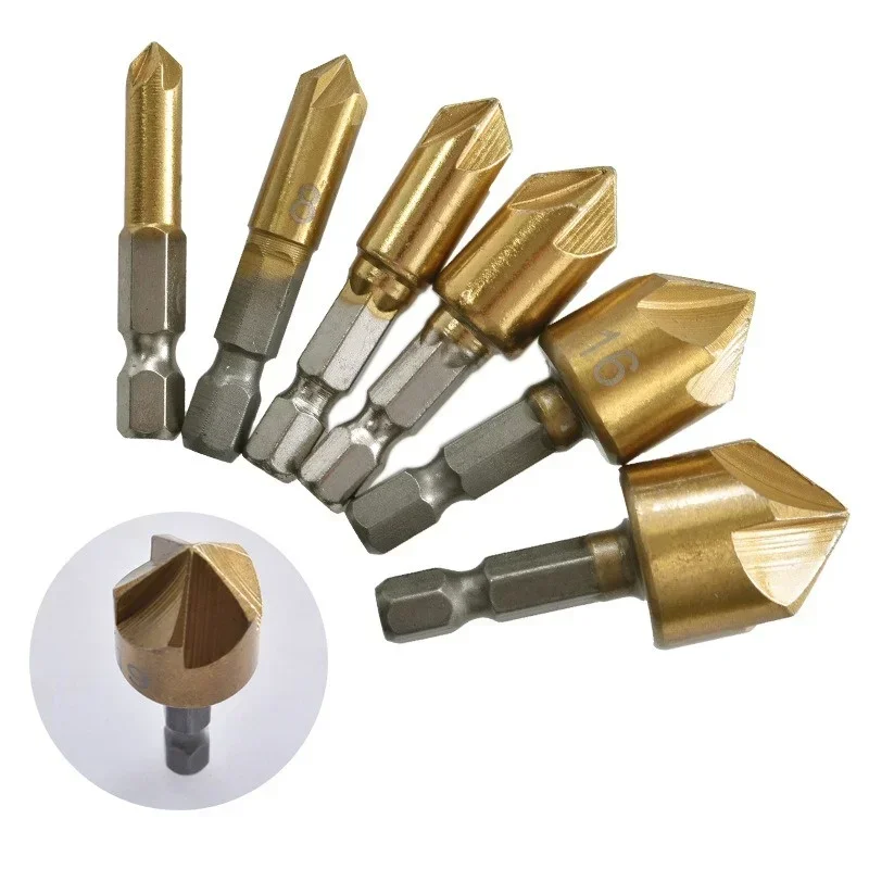 6pcs HSS Chamfer Drill Bit Hex Shank Titanium Plated Five-blades Woodworking Reaming Countersink Drill Set 6 8 9 12 16 19mm