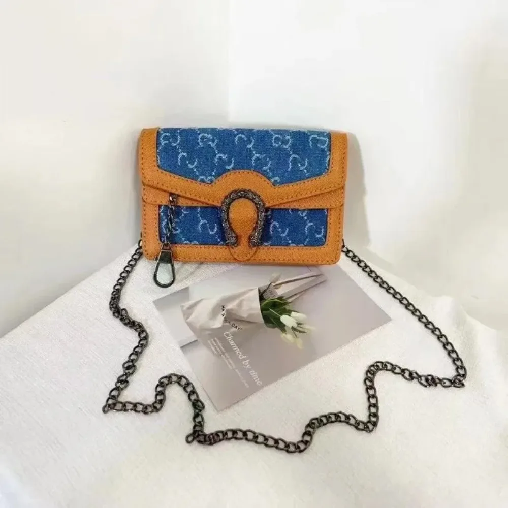 Women Dionysus Style Mini Crossbody Mini Bag Denim GG Pattern Purse with Crystal Buckle Chain Strap Wallet Bag Multi Colors