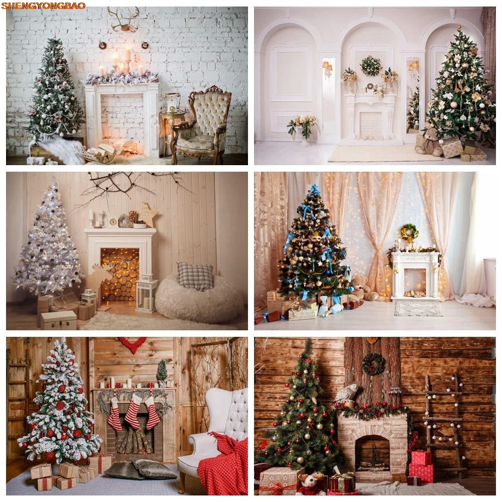 

Christmas Room Interior Photography Backgrounds Custom Tree Fireplace Baby Holiday Party Home Decoration Photo Booth Backdrops
