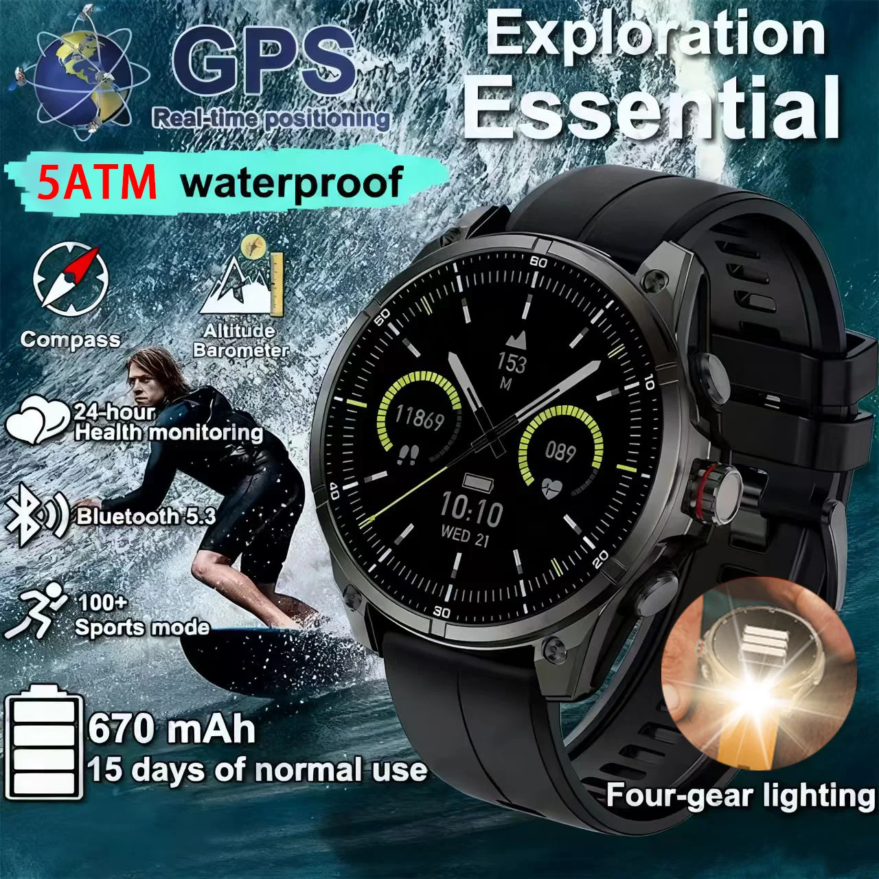 

New military dual-frequency five-star positioning smartwatch for men,5ATMwaterproof, 670MAHcompass altitude barometer,1.43AMOLED