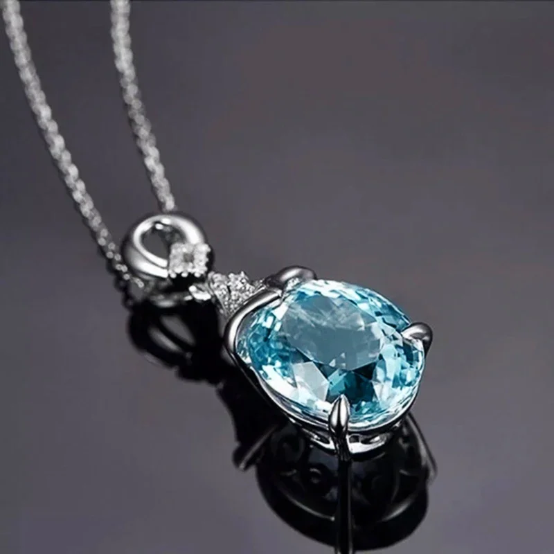 New Delicate Water Drop Shaped Pendant Necklace for Women Fresh Sky Blue Oval Cubic Zirconia Luxury Fashion Wedding Jewelry