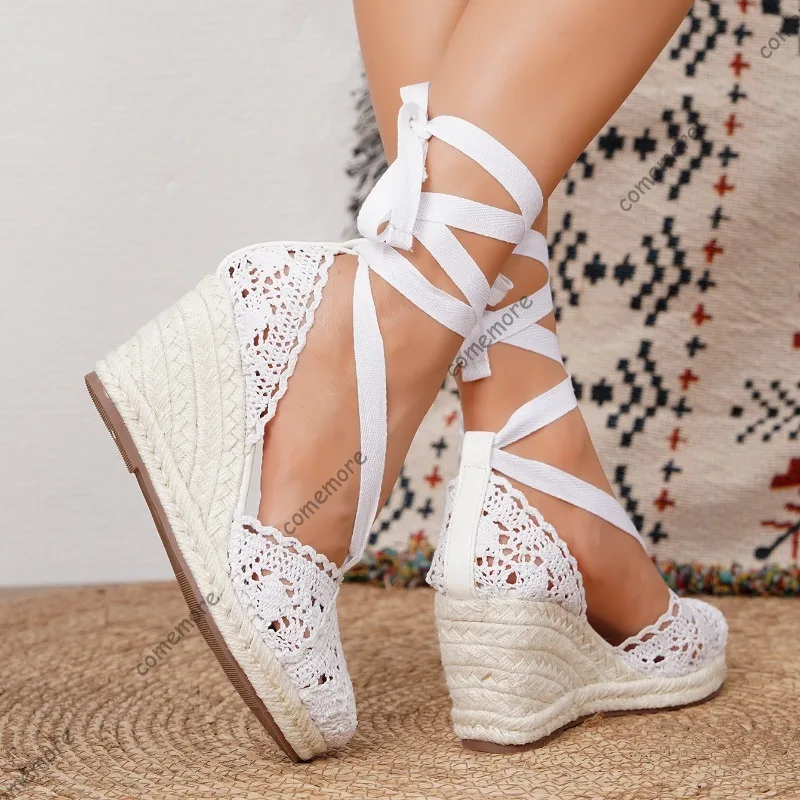 Women White Crochet Lace Espadrille Wedge Sandals Closed Toe Ankle Tie-Up Bohemian Shoes Hollow Out Summer Casual Platform Heels