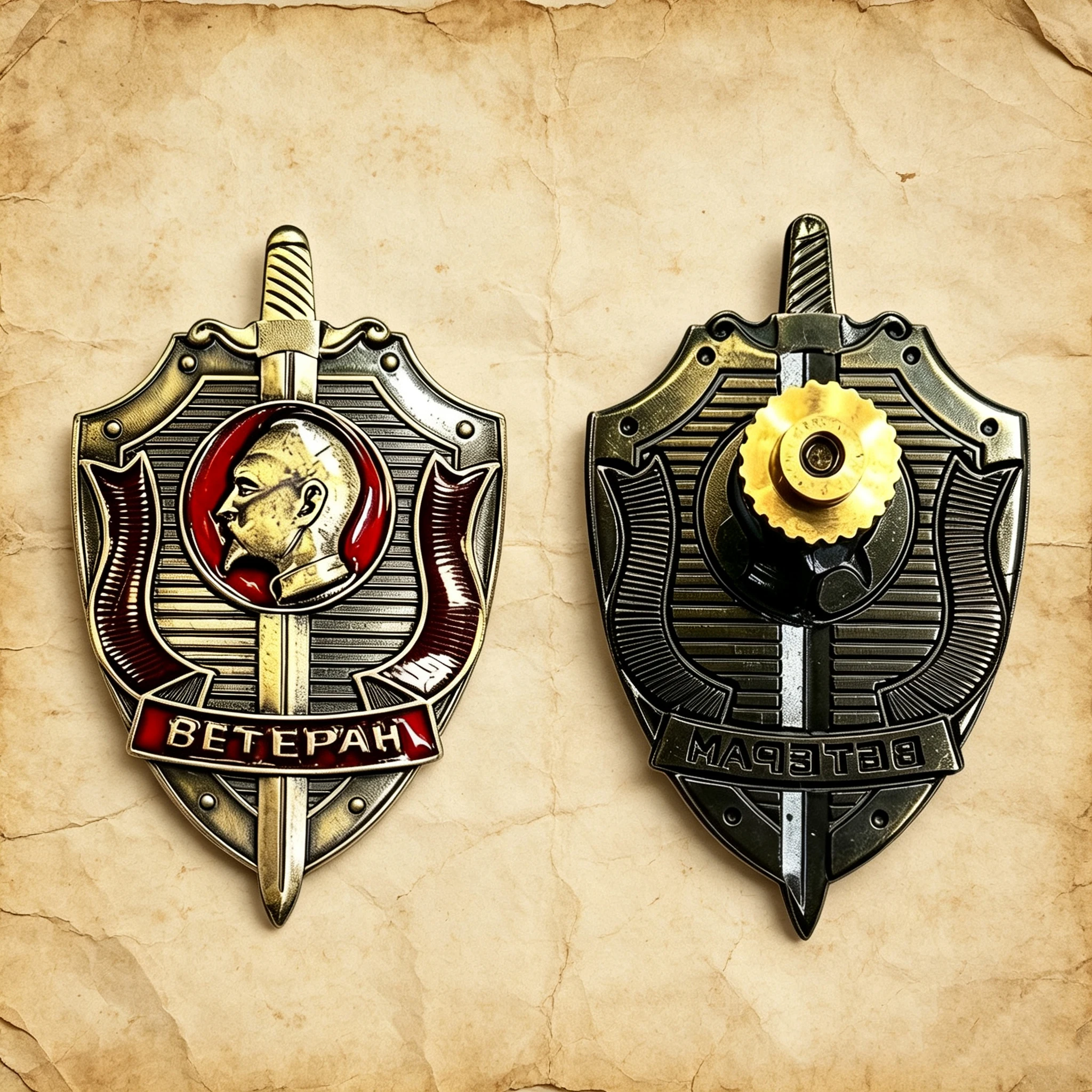 Russian Soviet KGB Veteran Badge Replica Alloy Pin - Enamel Brooch with Lenin Shield And Sword Design