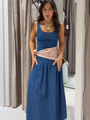 New Women Vintage Denim Dress Chic Wide Shoulder Sling A-Line Long Dress Street Style Casual Dress Fashion Simple Lady Outfit