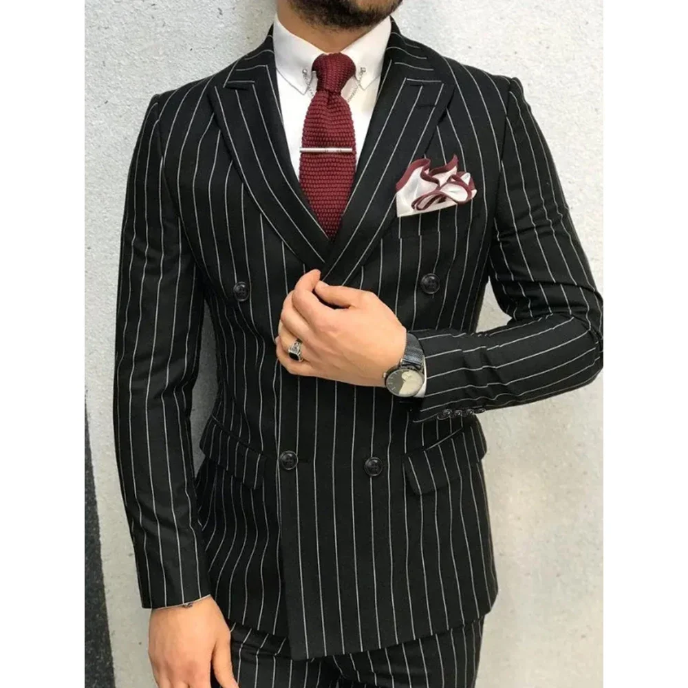 Elegant Striped Suits for Men Chic Peak Lapel Double Breasted Black Male Suit Slim Formal Groom Best Men Wedding Tuxedo 2 Piece