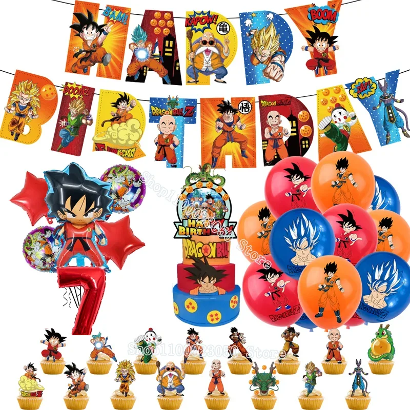 Décoration de fête d'anniversaire sur le thème de Dragon Ball, Son Goku, Vegeta, bannière à tirer, chiffres, ballons, insert de gâteau, décoration, cadeau de Noël pour enfants