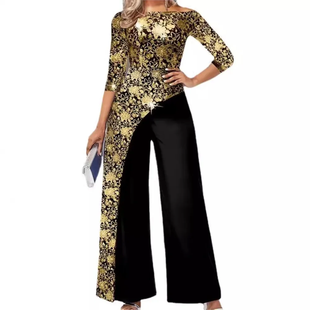 Fashion Print Splicing 7 Point Sleeve For Women's Jumpsuit Spring And Autumn New Slim Elegant Female Office Jumpsuit Pants 2025