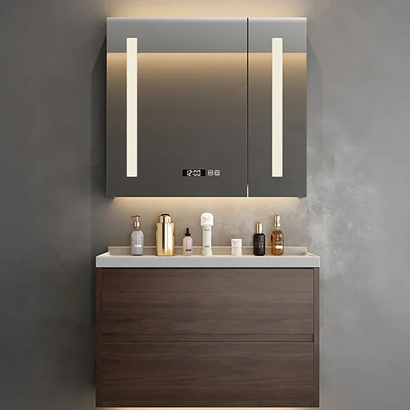 Modern Luxury Walnut Solid Wood Bathroom Cabinet Combination Wash Hands Basin Integrated Ceramic Home Furniture YX50BC