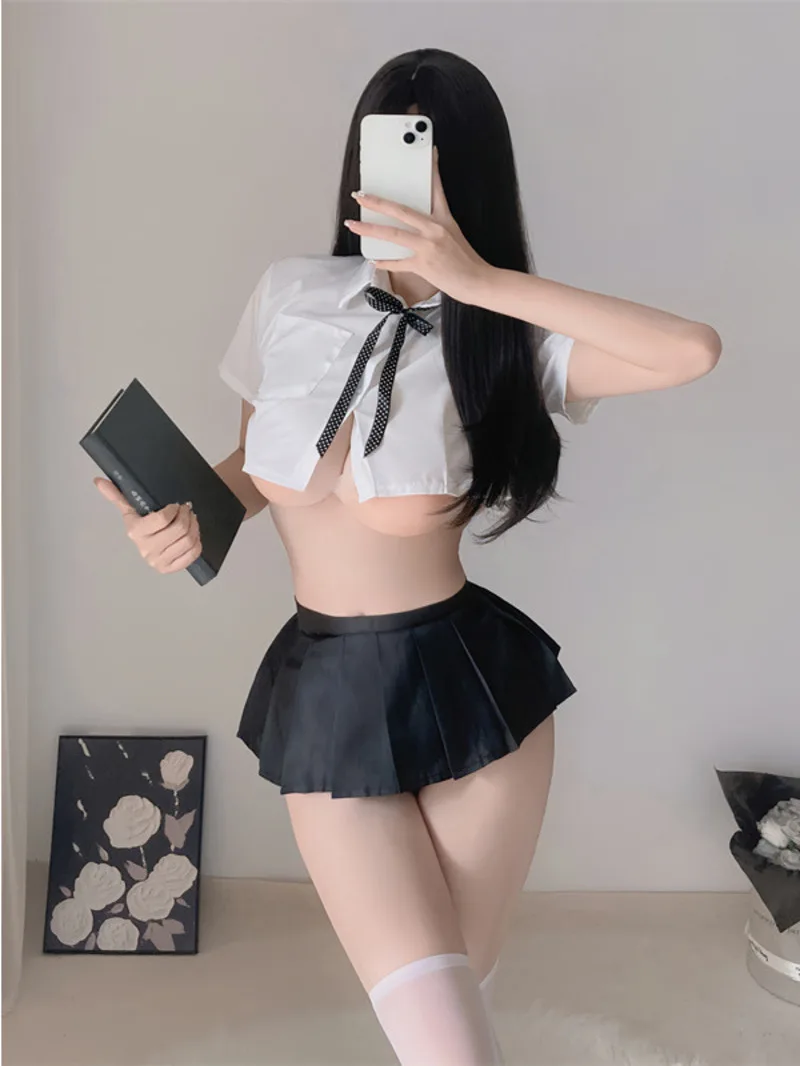

Red Underwear Net Transparent Student Mature Charm Hollow Out White Shirt Collar Rope Bow Uniform Plaid Pleated Skirt Set H8IZ