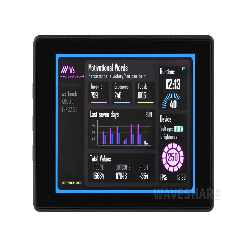 ESP32-S3 لوحة تطوير شاشة AMOLED تعمل باللمس مقاس 2.41 بوصة، 600 × 450، معالج ثنائي النواة LX7 32 بت، ESP32 مع شاشة عرض