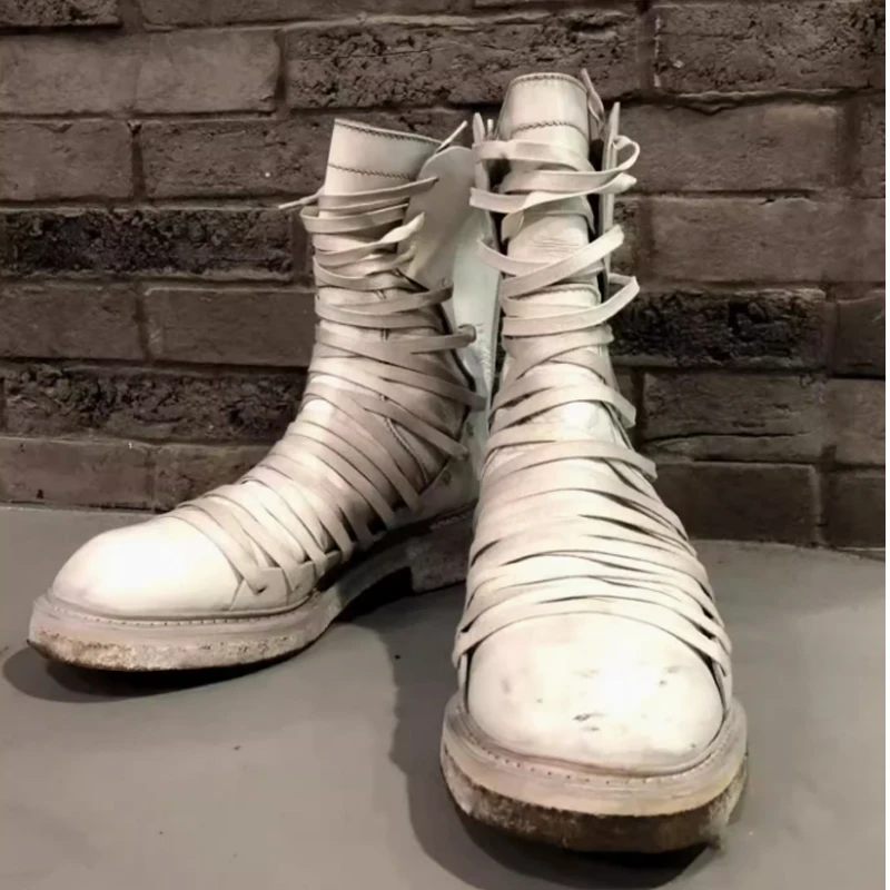 

White Retro Multi Lace-Up Rear Zipper High Top Boots Men's Shoes 2026 Dark Gothic Boots Round Toe Casual Boots for Autumn Winter