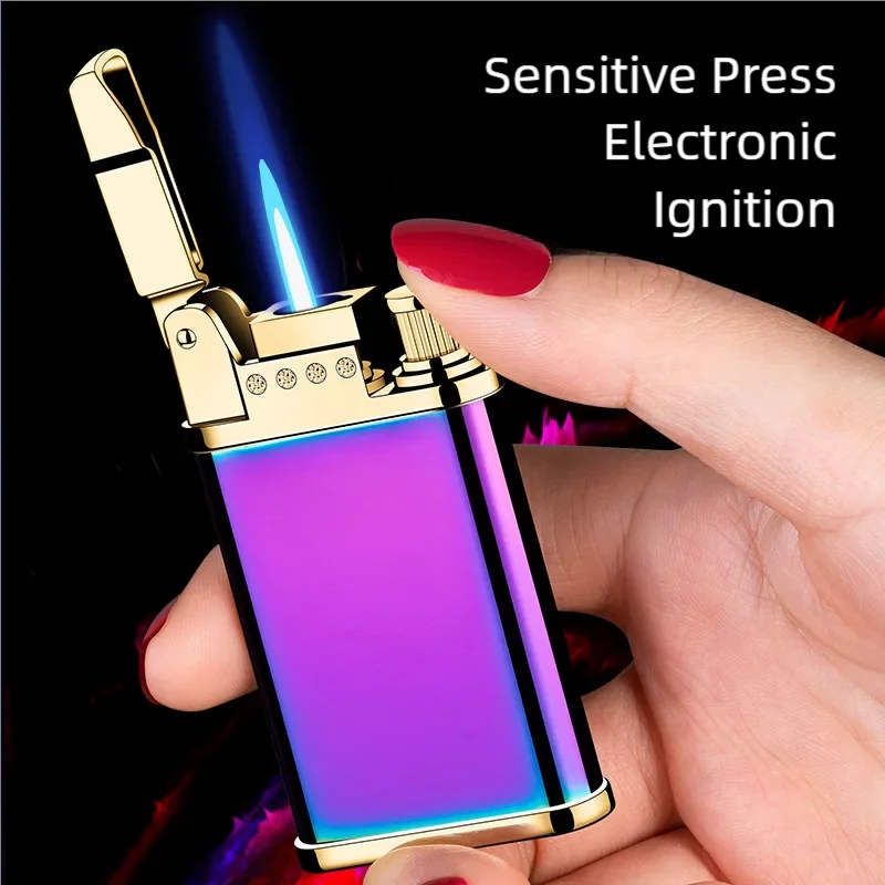 

Fashionable Blue Flame Direct Jet Metal Inflatable Lighter Outdoor Windproof Electronic Press Ignition Cigarette Accessories