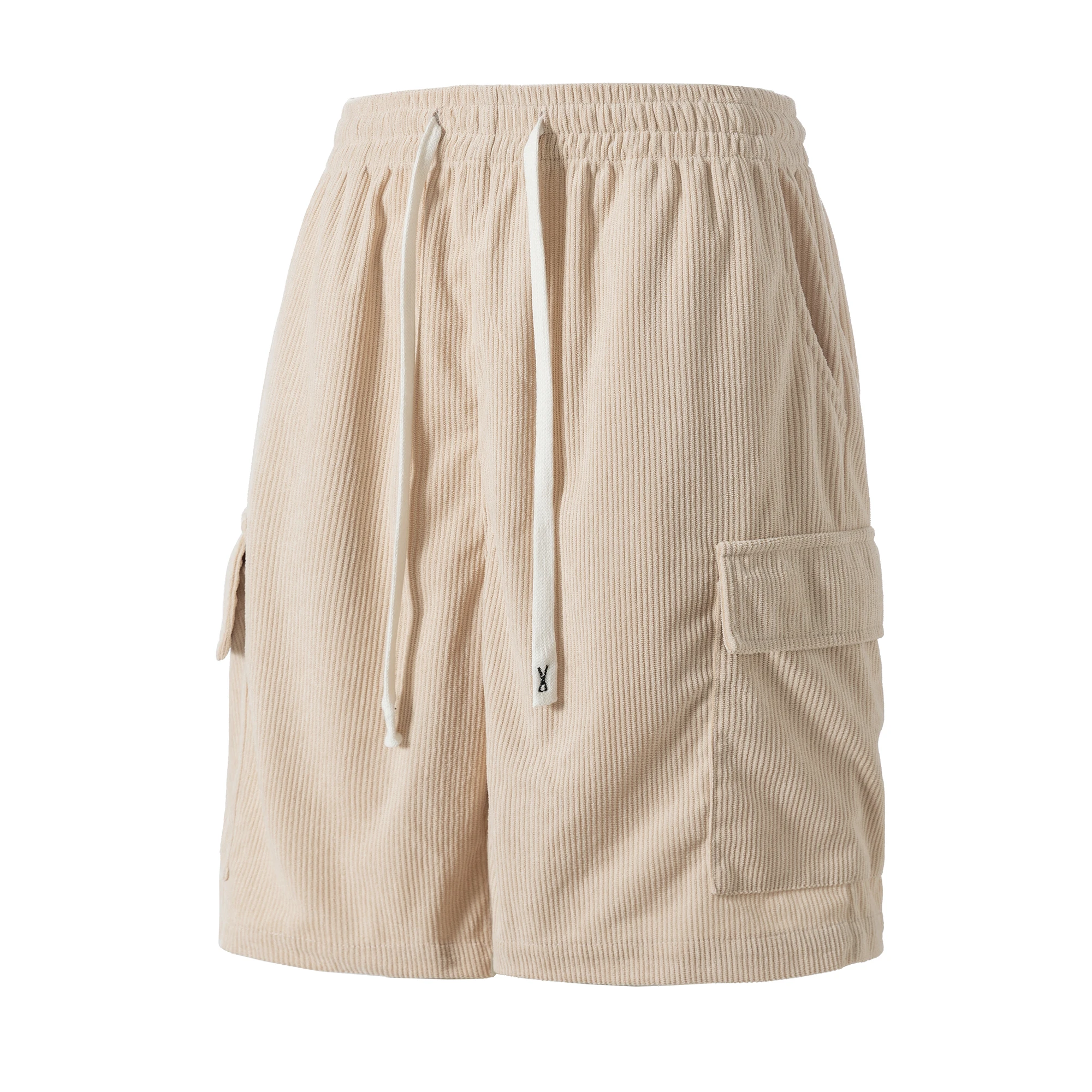 

Mens Beige Pin Cord Shorts Utility Pockets with Drawcord Waist Relaxed Fit Vintage Workwear Streetwear