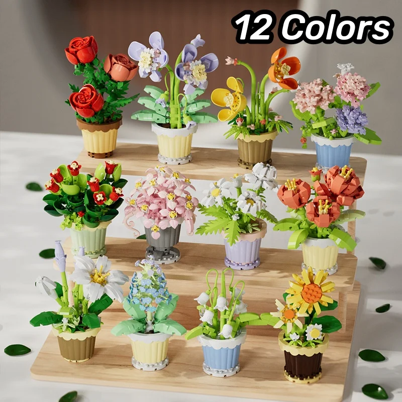 

12 Colors Micro Flower Building Blocks with Box Bonsai Garden Romantic Office Decoration Potted Plant Model Set Children's Toys