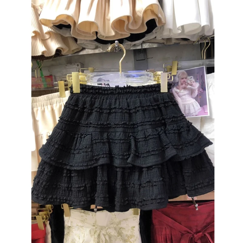 Sweet Lace Patchwork A-line Skirt Summer New Solid Color Loose All-match Fashion Fluffy Short Skirt Elegant Korean Women Clothes