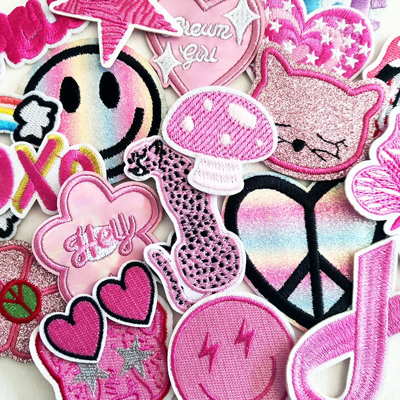 20Pcs/lot Girls Cartoon Pink Ironing Patches Stickers for Cloth Jackets Jeans Badges Stripes Embroidery Kids DIY Appliques