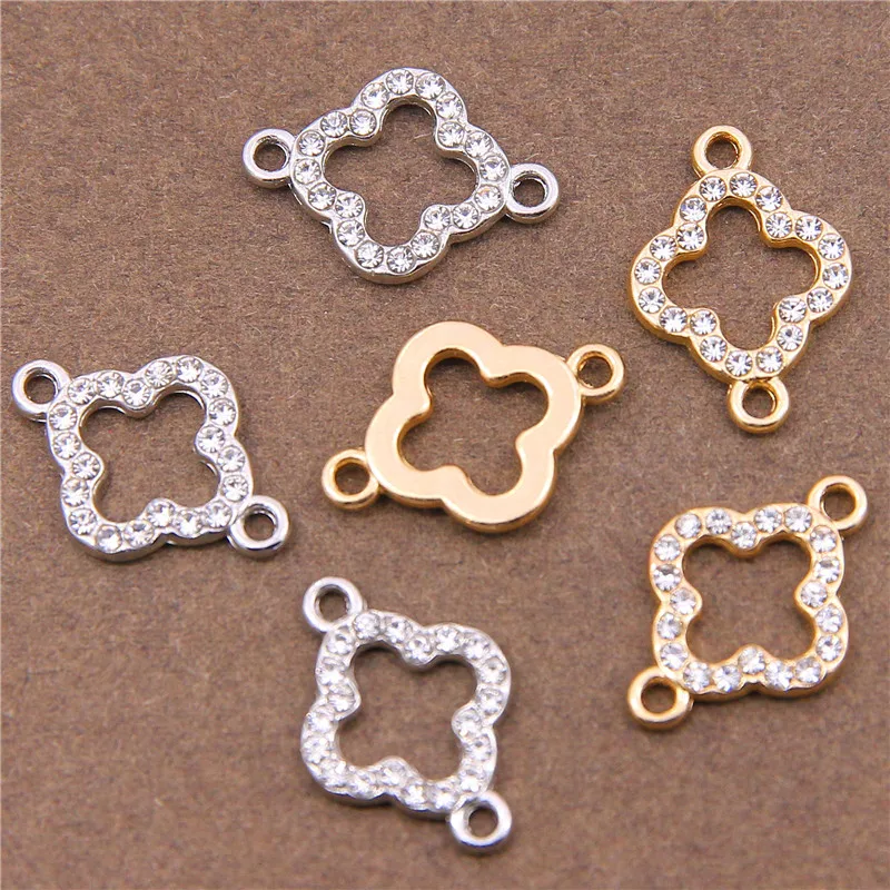 6pcs Filled Plated Rhinestones Double Hanging Four-leaf Clover Pendant Hand Material DIY Bracelet Earrings Connected Accessories