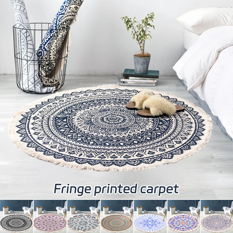 

Bohemian Hand Woven Carpet Retro Cotton Linen Round Bedside Geometric Floor Mat Living Room Home Decor Boho Mandala Tassel Rug