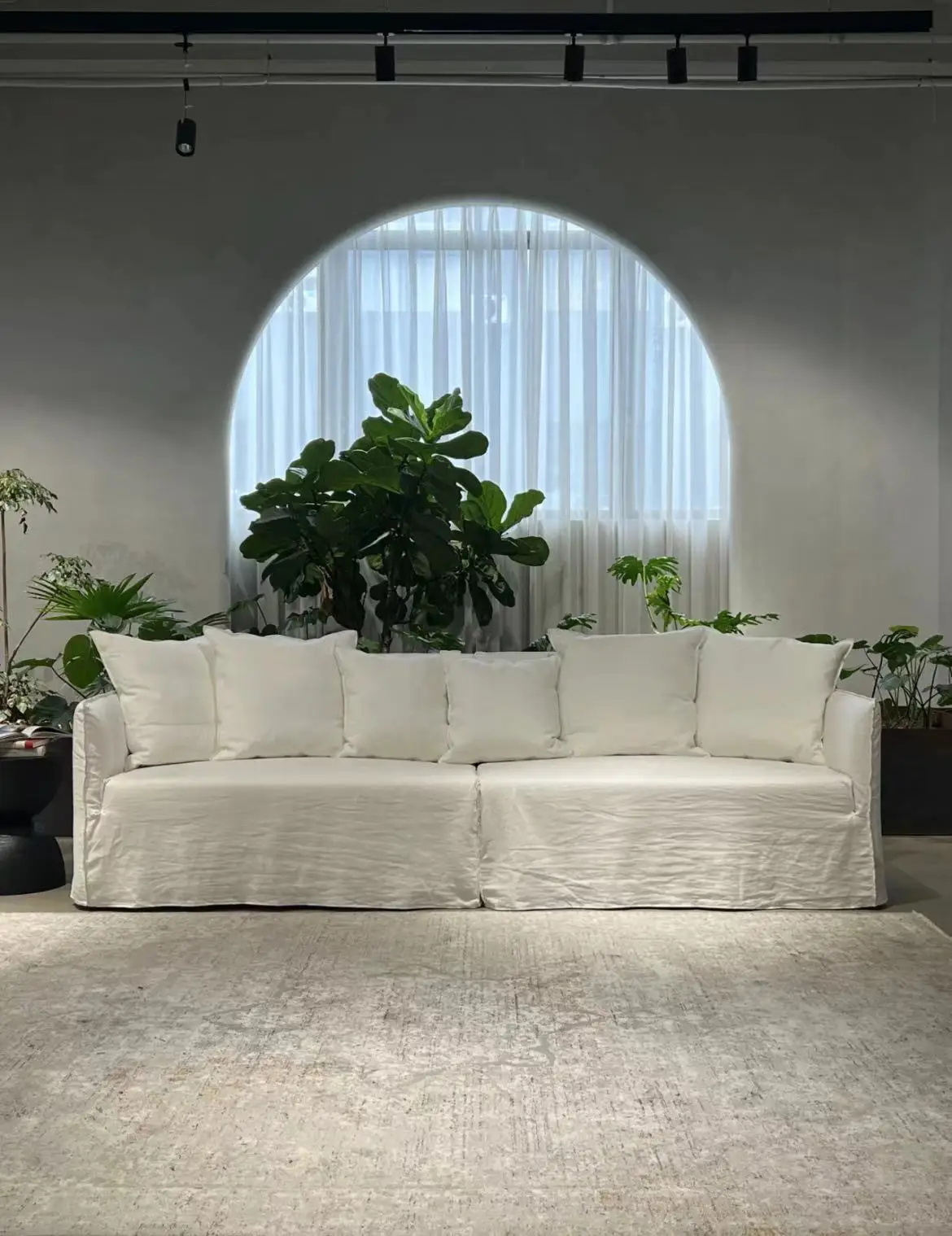 

Customizable Nordic wabi-sabi style fully dismantled and washed straight row washed hemp fabric three-person French cream style