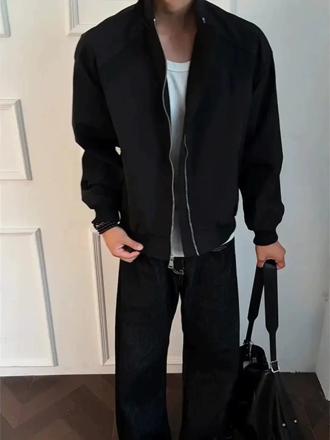 Black Deconstructed Slant Cut Stand Collar Workwear Jacket Men's Short Baseball Style American Coat Casual Loose Fit Autumn