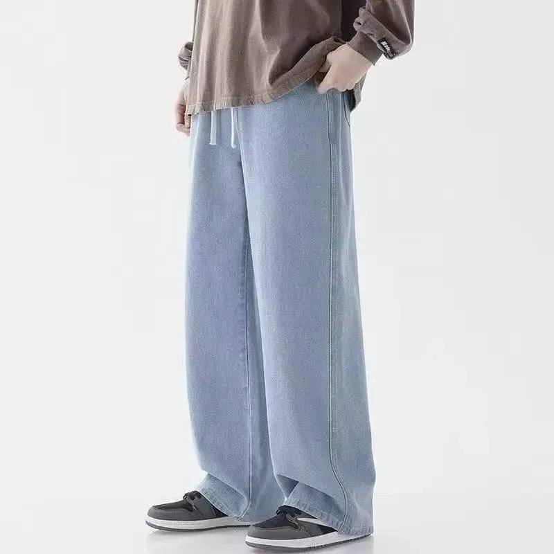 جينز رجالي كاجوال للخروج بخصر مطاطي فضفاض مناسب للربيع والخريف ملابس عمل مريحة مستقيمة الساق من قماش الدنيم الأزرق #1