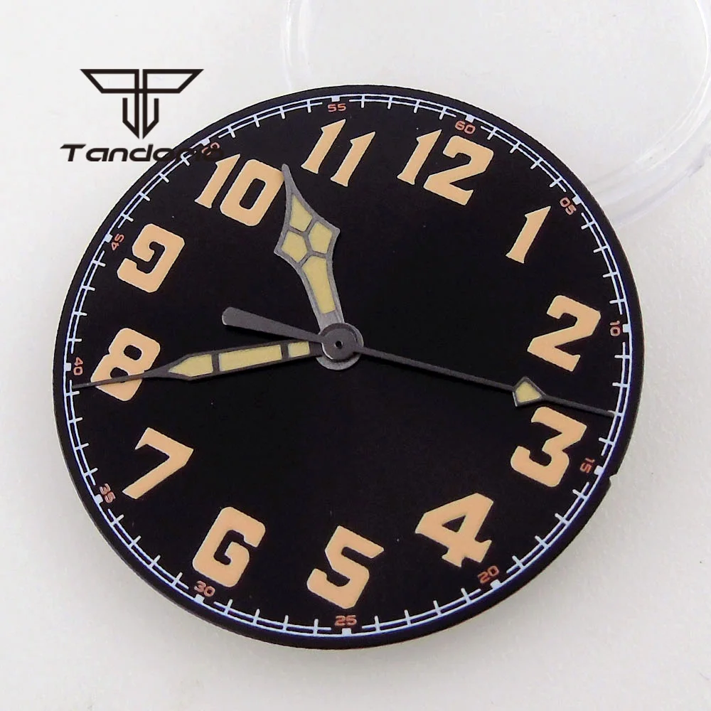 tandorio 33,5mm Schwarz Uhr Zifferblatt Hände Orange/Weiß Marks Grün Leuchtende Fit NH35A NH36A ETA2824 2836 PT5000 ST2130 Automatische bewegung 8