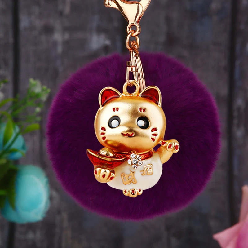 Diamond Lucky Cat Car Keychain Bag Pendant Metal Shiny Plush Accessories Gift