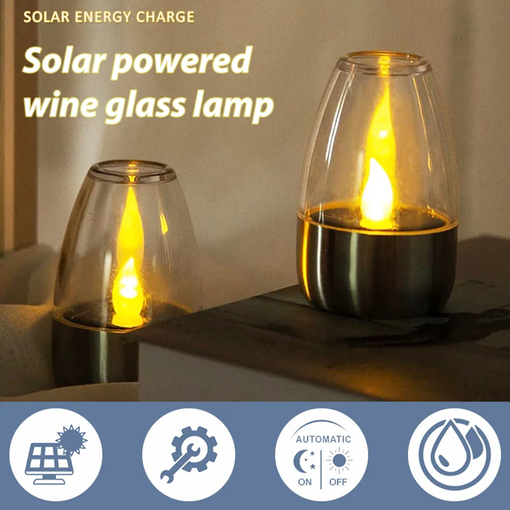 1pcs LED Solar Flameless Candle Lamp Rechargeable Wine Glass Light Waterproof Electronic Flashing Candles for Families Party