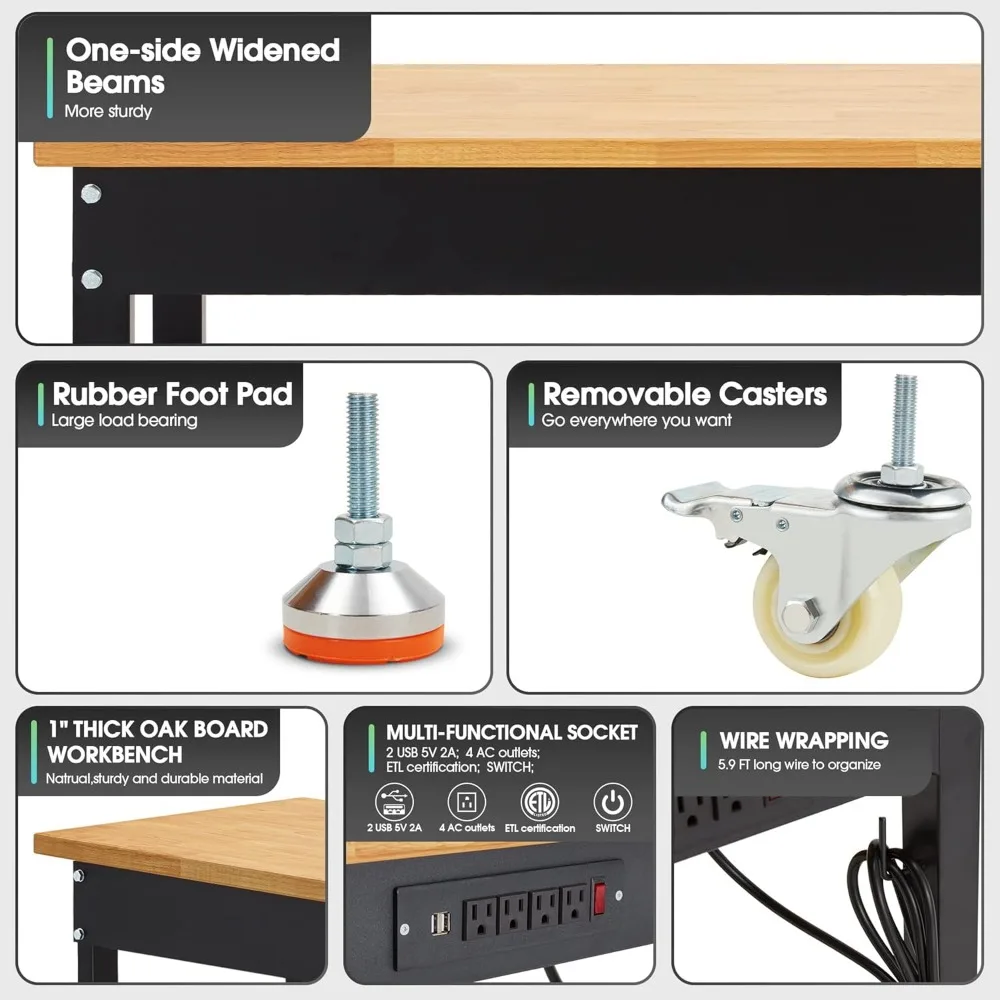 Bancada de trabalho ajustável de 60 ", mesa de trabalho resistente com tomada de energia e rodas, bancada de trabalho superior de madeira de borracha de grande capacidade de carga