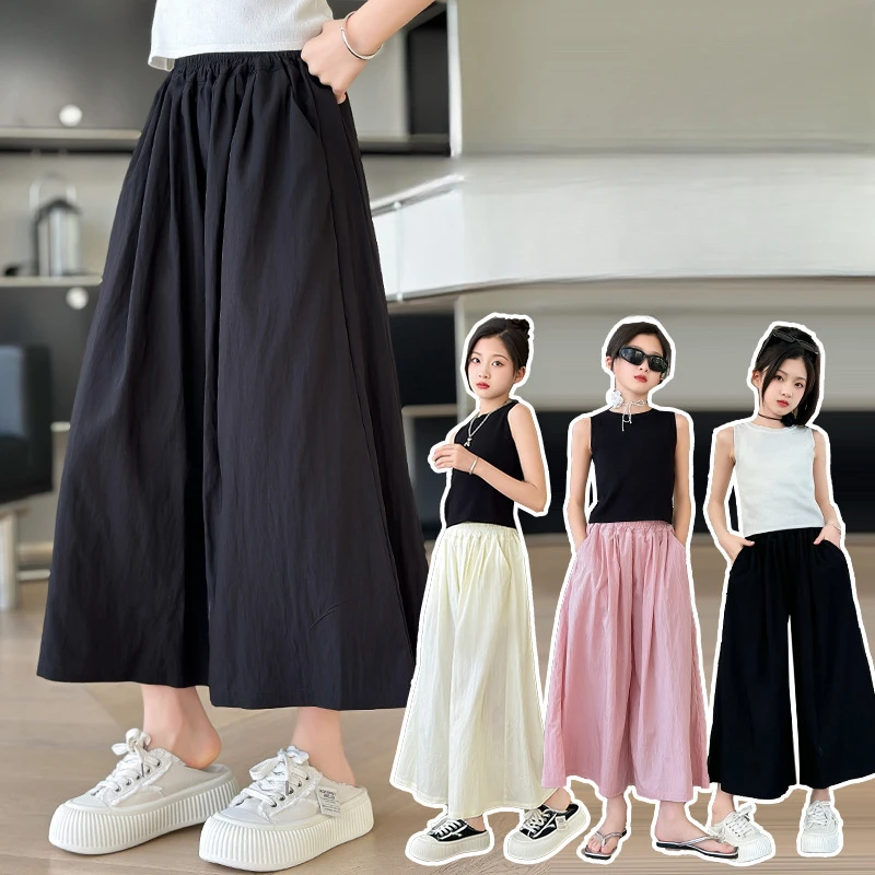 Girls Trousers Summer Pants 2024 New Children Nine-minute Wide-leg Pant Summer Thin Big Children Culottes Korean Simple Style