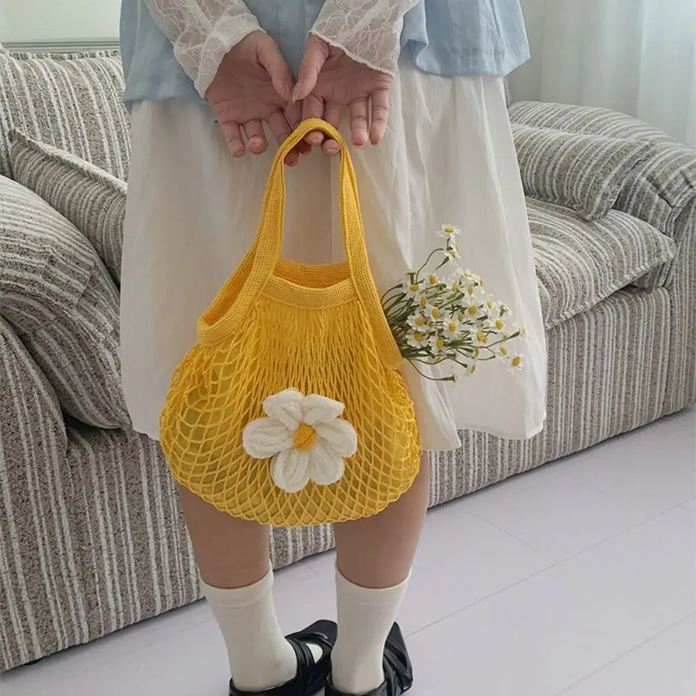 Fashion Summer Woven Handbag Flower Fashion Hollow Out Weave Bag Simple Large Capacity Nylon Mesh Tote Bag Girls