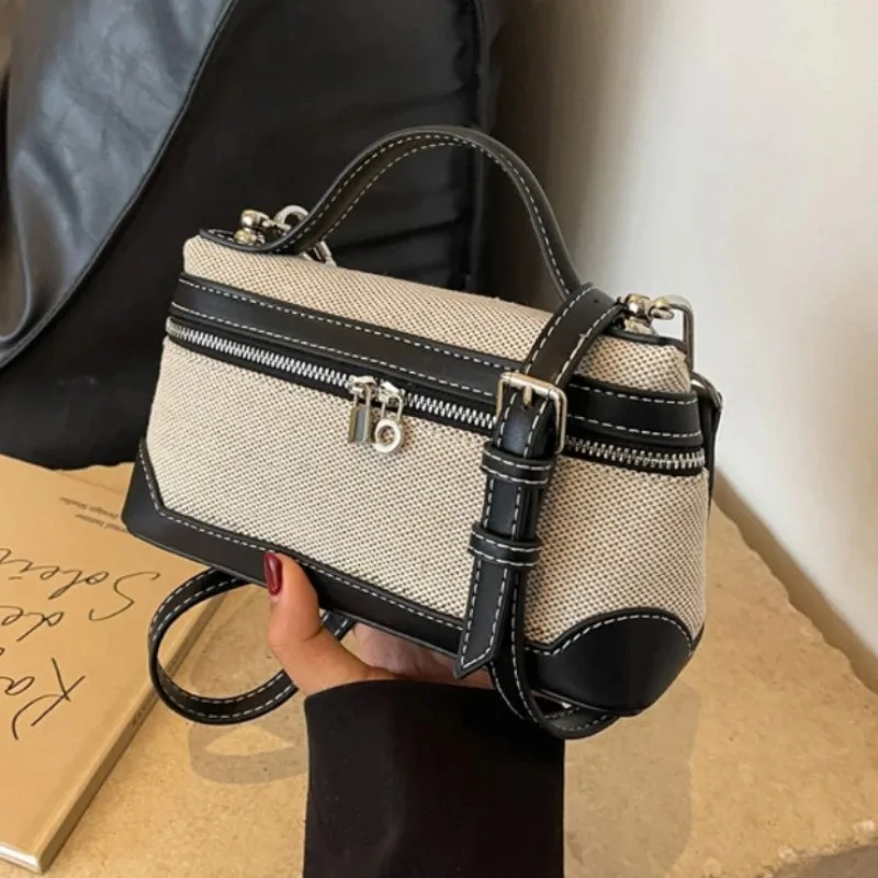 

Vintage Contrast Color Casual Canvas Box Handbag Women's Elegant Small Square Crossbody Bag Single Shoulder Bag