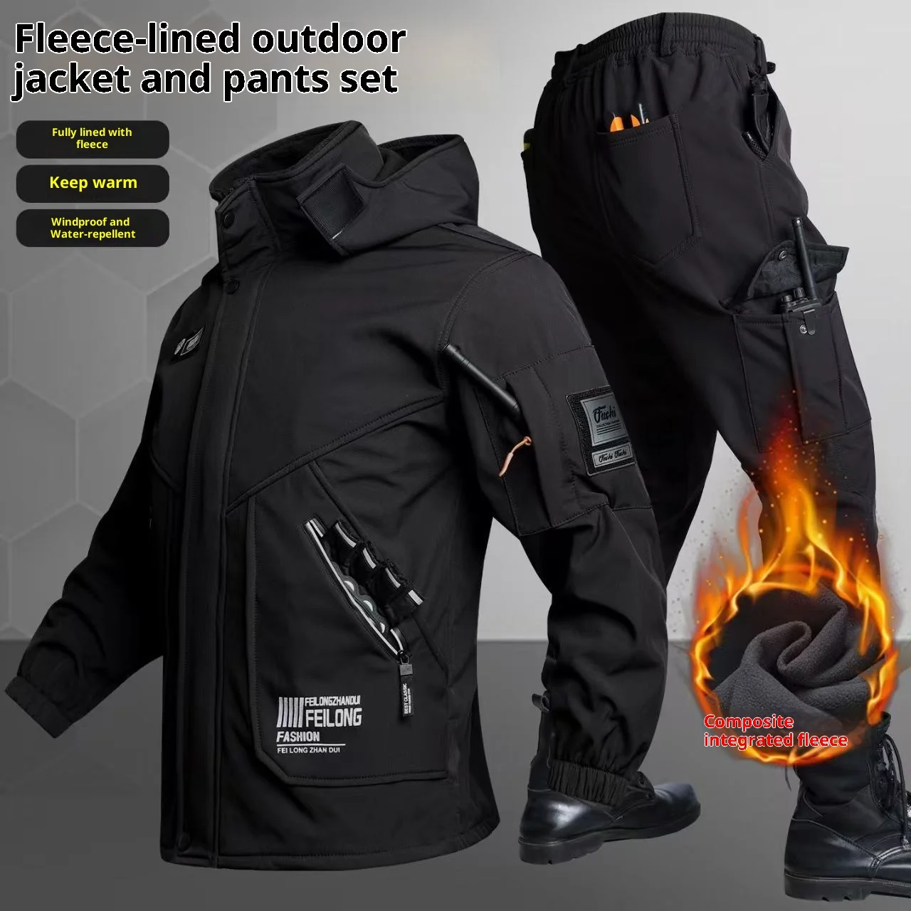 Mens 3 In 1 Tactical Jacket Set Winter Fleece Lined Windproof Assault Outerwear Hooded Riding Coat Training Sport Suit Training