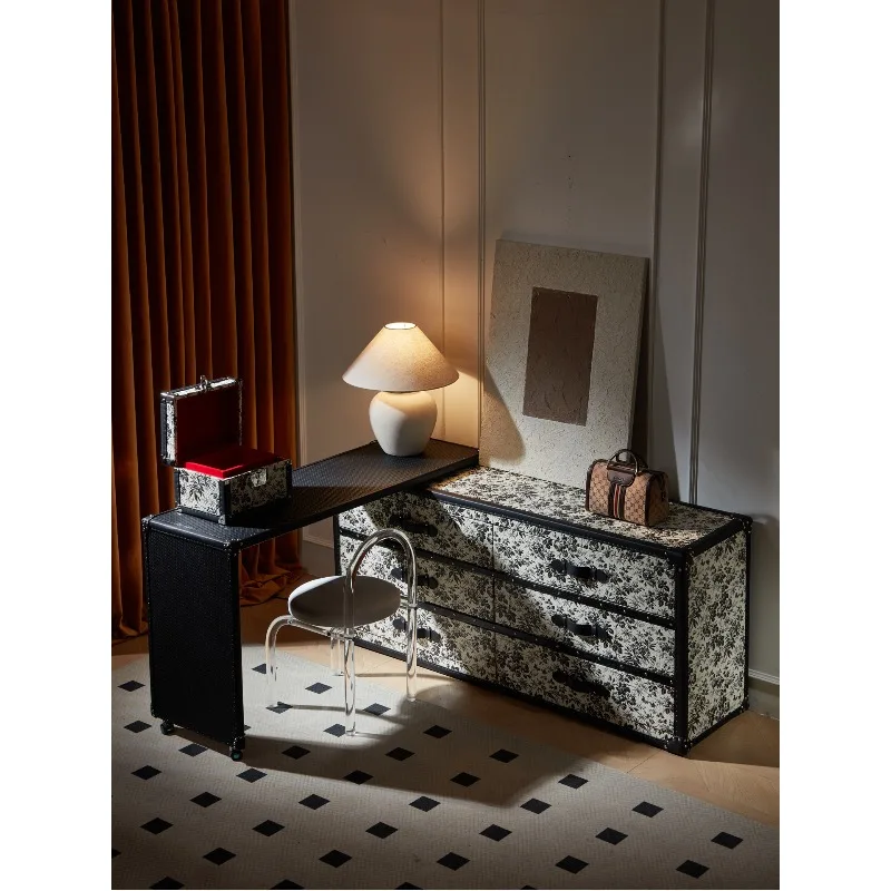 

Master bedroom makeup table, chest, integrated dresser, desk, two-in-one black retro bedroom, bedside cabinet, storage.